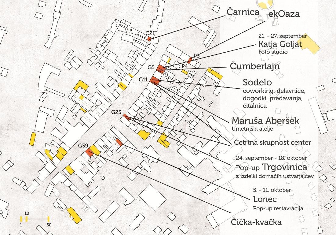 Zemljevid praznih in oživljenih prostorov v centru Slovenj Gradca.