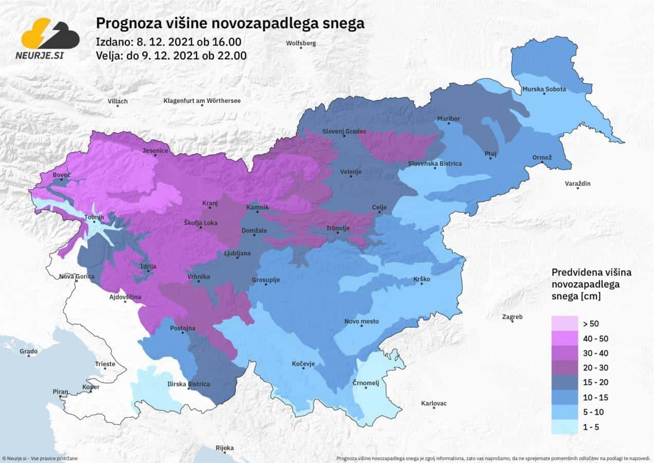 Pred nami je vremensko pestra noč. Marsikje po Sloveniji bo močno snežilo. Največ snega bo zapadlo v zahodni, severni in osrednji Sloveniji, napovedujejo na Neurje.si. Ponekod na prehodu med Primorsko in Notranjsko ter na jugu in skrajnem vzhodu Slovenije ni izključen žled. Ceste bodo marsikje zasnežene, zato se na pot odpravite dovolj zgodaj in z ustrezno zimsko opremo ter seveda z veliko mero strpnosti in previdnosti, so še dodali.